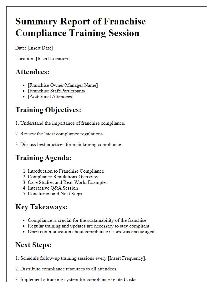 Letter template of summary report for franchise compliance training session