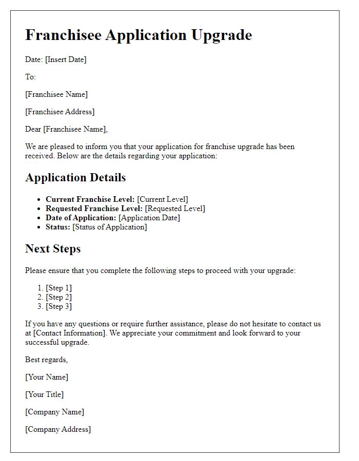 Letter template of franchisee application upgrade details