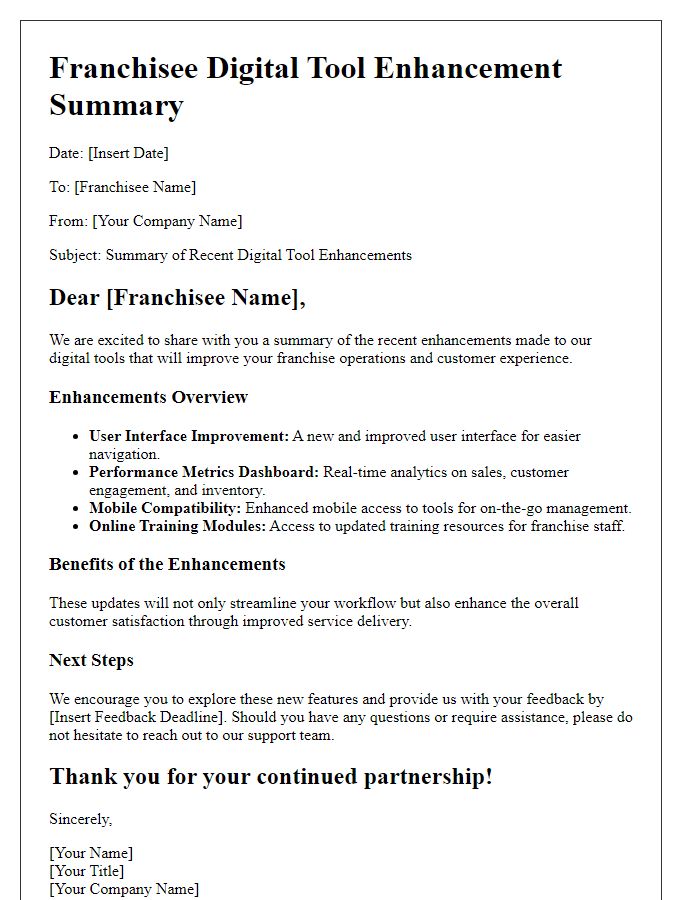 Letter template of franchisee digital tool enhancement summary