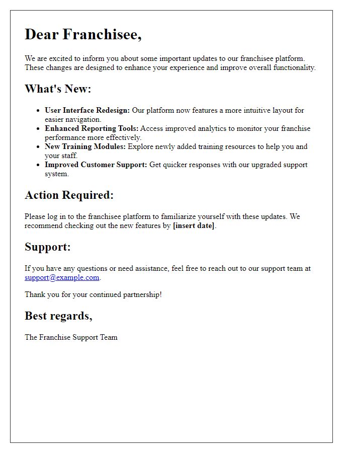 Letter template of franchisee platform update information