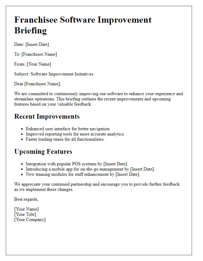 Letter template of franchisee software improvement briefing