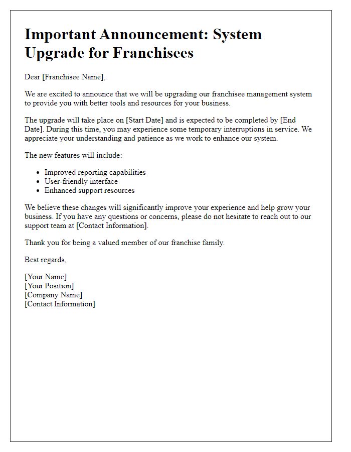 Letter template of franchisee system upgrade announcement