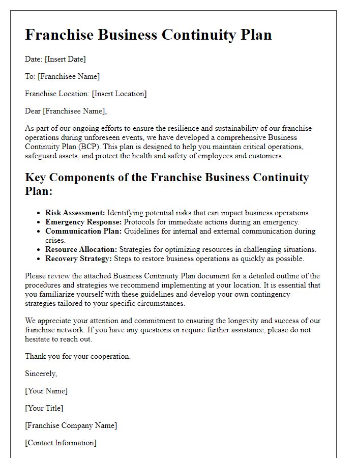 Letter template of Franchise Business Continuity Plan