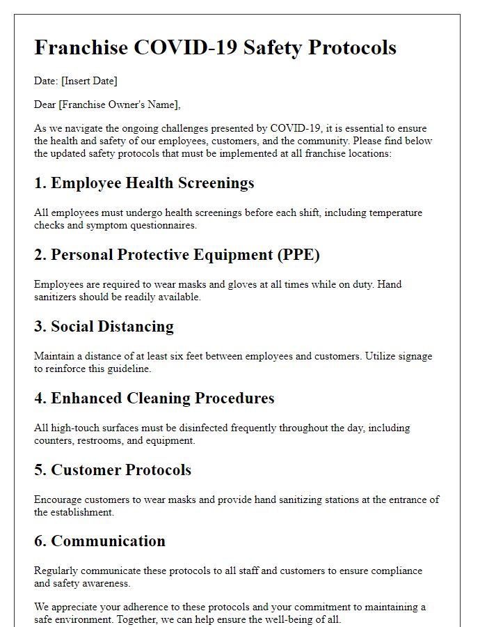 Letter template of Franchise COVID-19 Safety Protocols