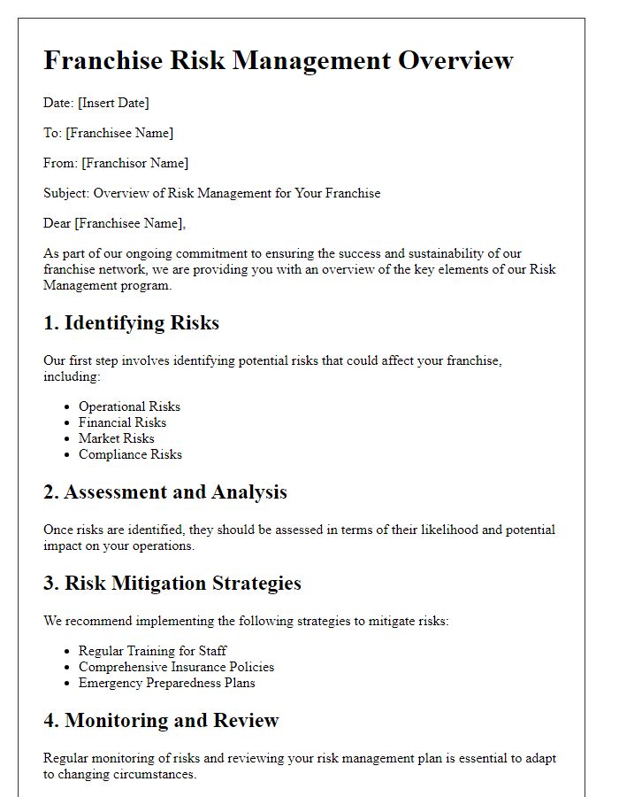 Letter template of Franchise Risk Management Overview