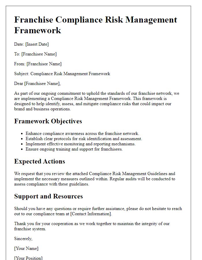 Letter template of franchise compliance risk management framework