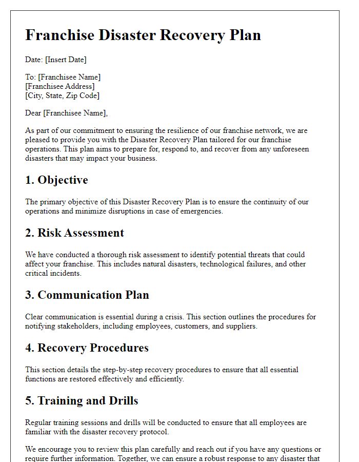 Letter template of franchise disaster recovery plan