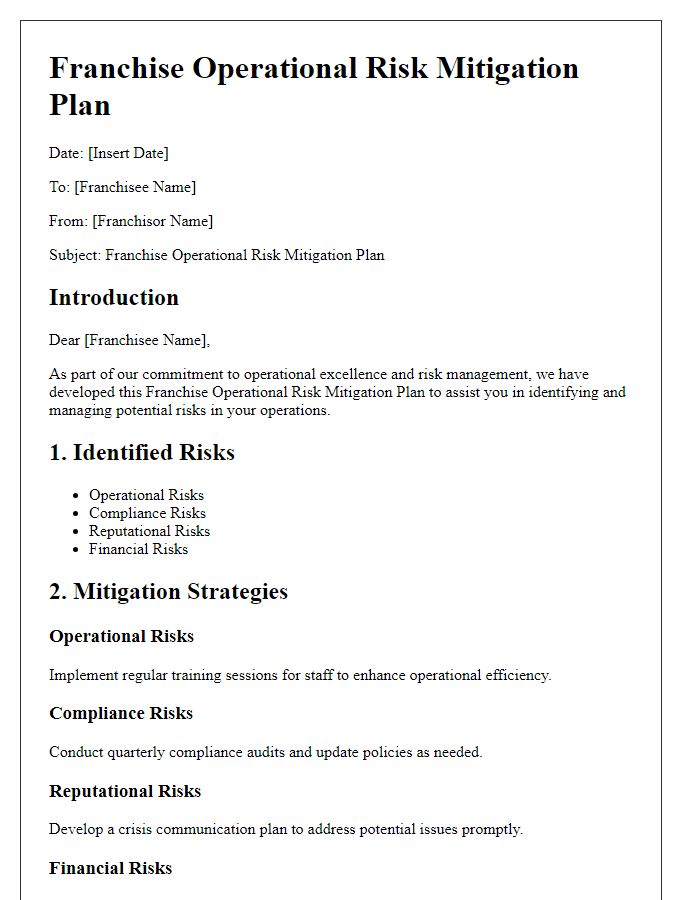 Letter template of franchise operational risk mitigation plan