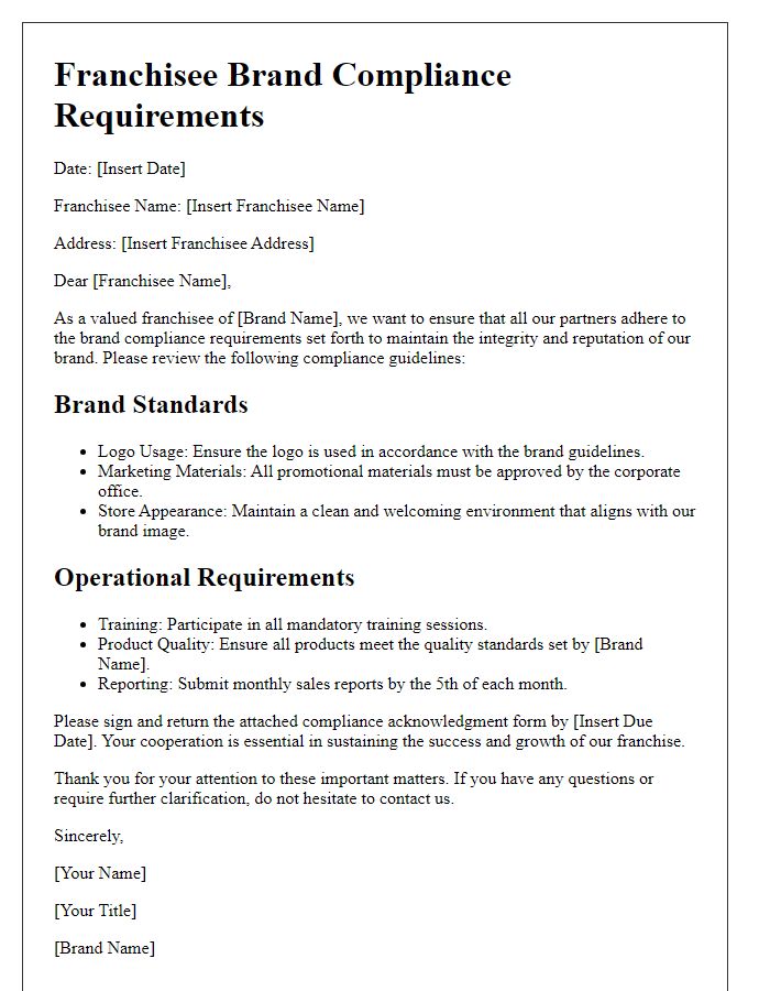 Letter template of franchisee brand compliance requirements.