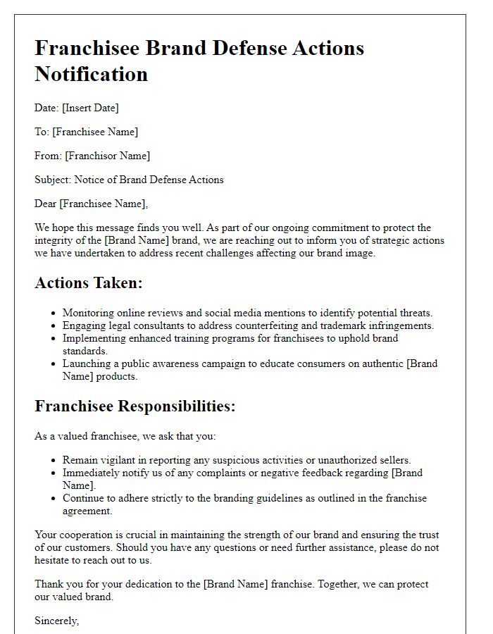 Letter template of franchisee brand defense actions.