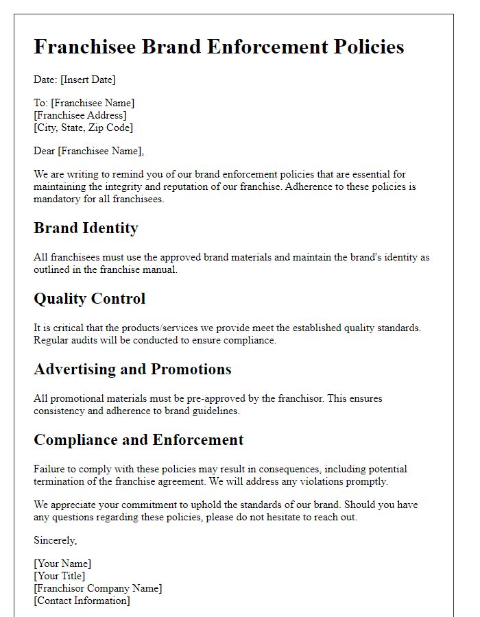 Letter template of franchisee brand enforcement policies.