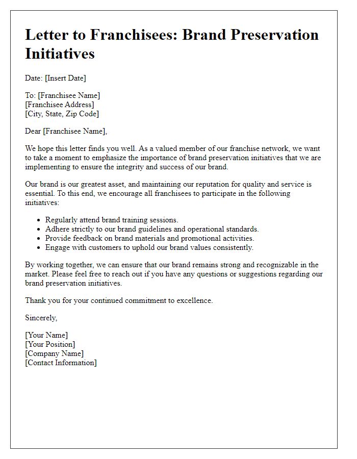 Letter template of franchisee brand preservation initiatives.