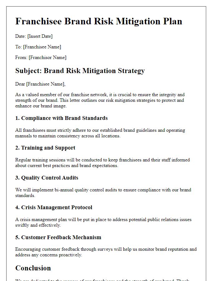 Letter template of franchisee brand risk mitigation plans.