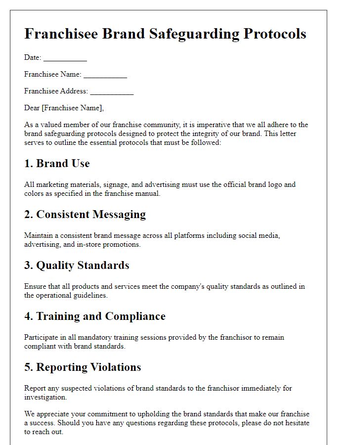 Letter template of franchisee brand safeguarding protocols.