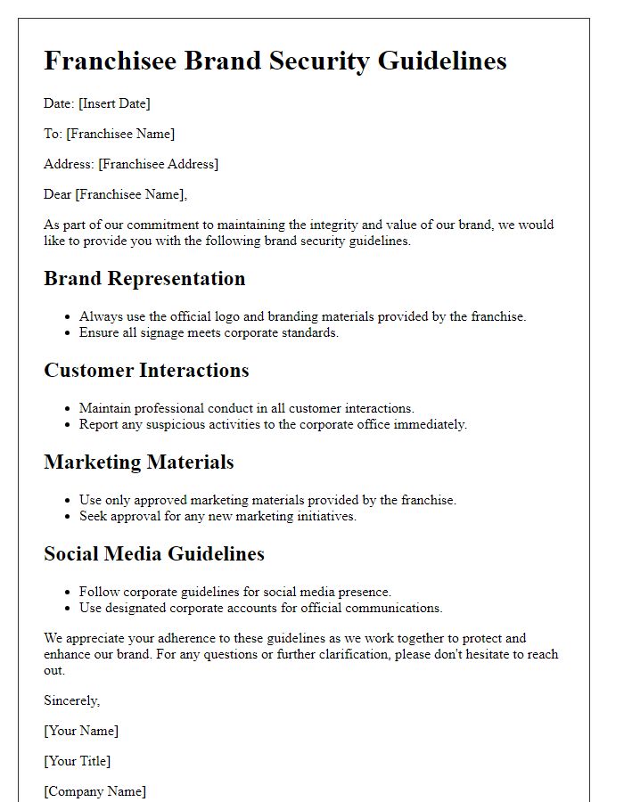 Letter template of franchisee brand security guidelines.