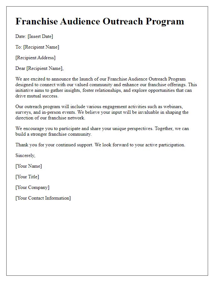 Letter template of franchise audience outreach program