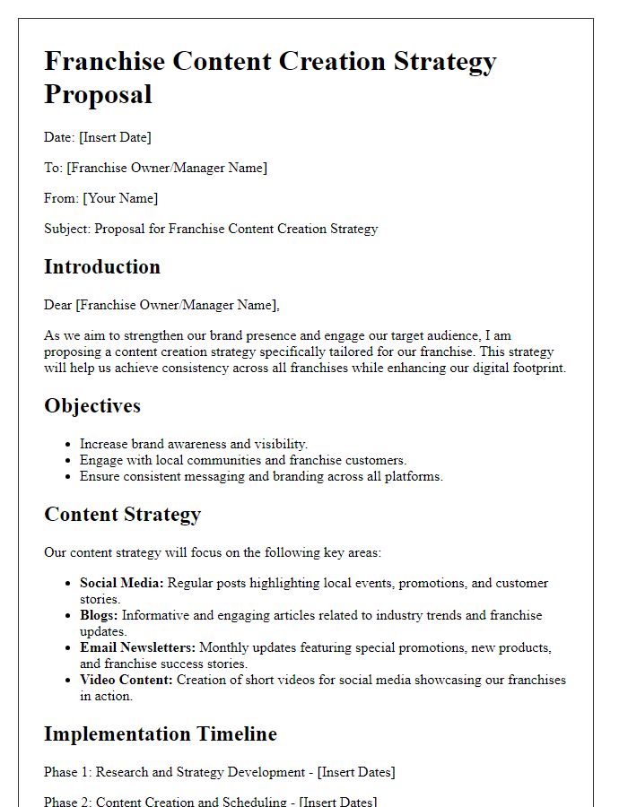 Letter template of franchise content creation strategy