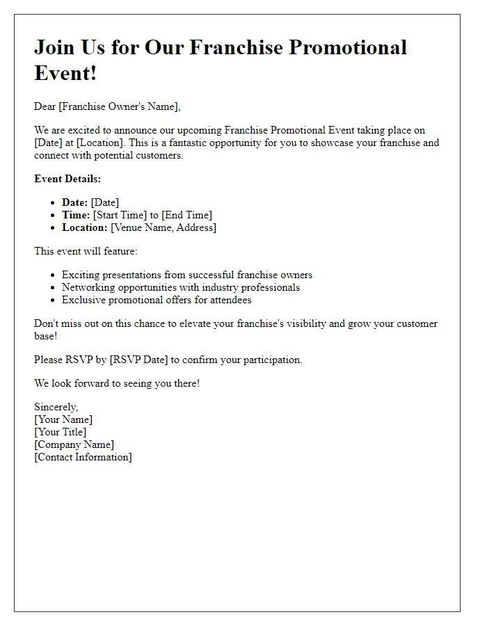 Letter template of franchise promotional event advertisement