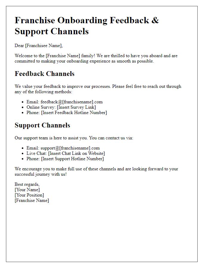 Letter template of Feedback and Support Channels for Franchise Onboarding