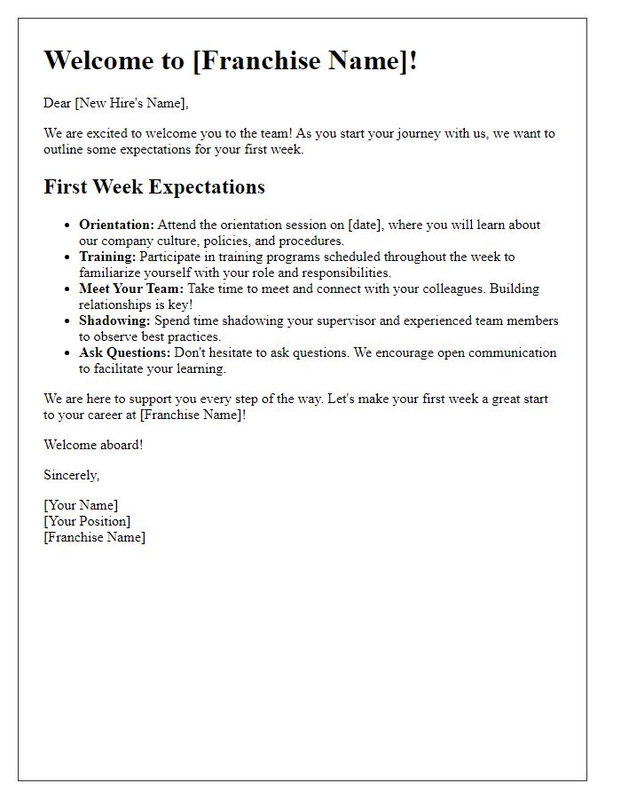 Letter template of First Week Expectations for Franchise New Hires