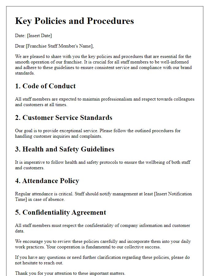 Letter template of Key Policies and Procedures for Franchise Staff