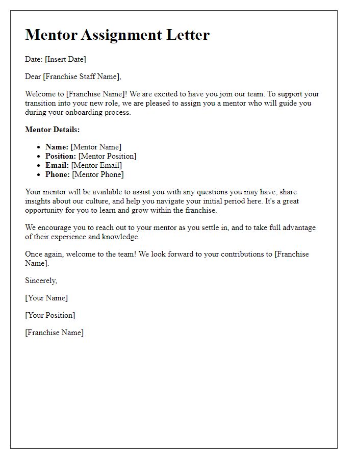 Letter template of Mentor Assignment for New Franchise Staff