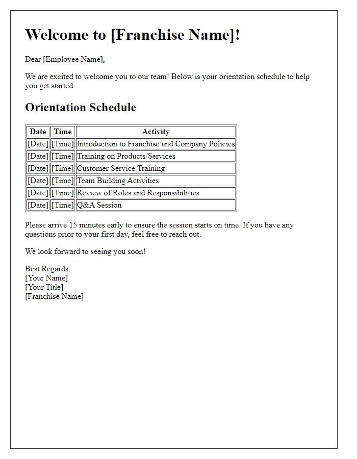 Letter template of Orientation Schedule for New Franchise Employees