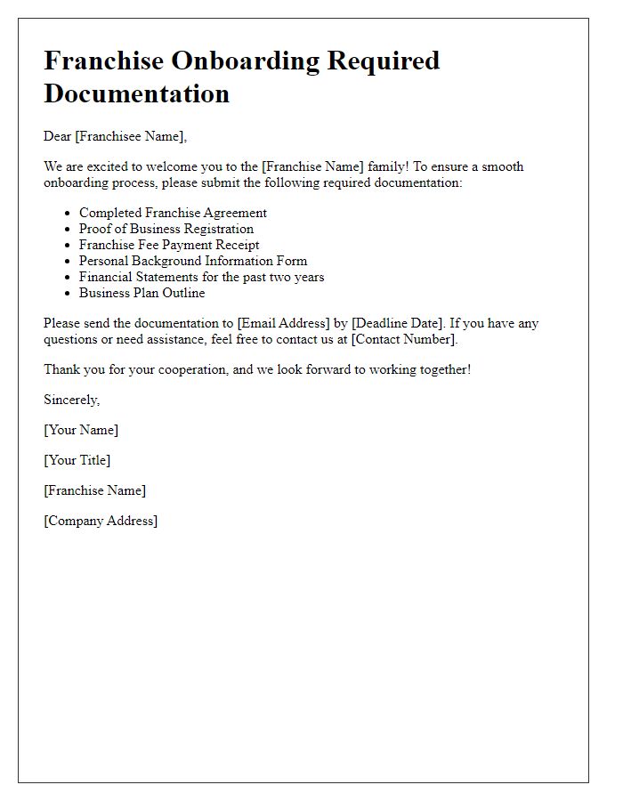 Letter template of Required Documentation for Franchise Onboarding