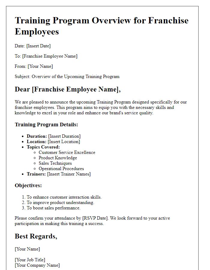 Letter template of Training Program Overview for Franchise Employees