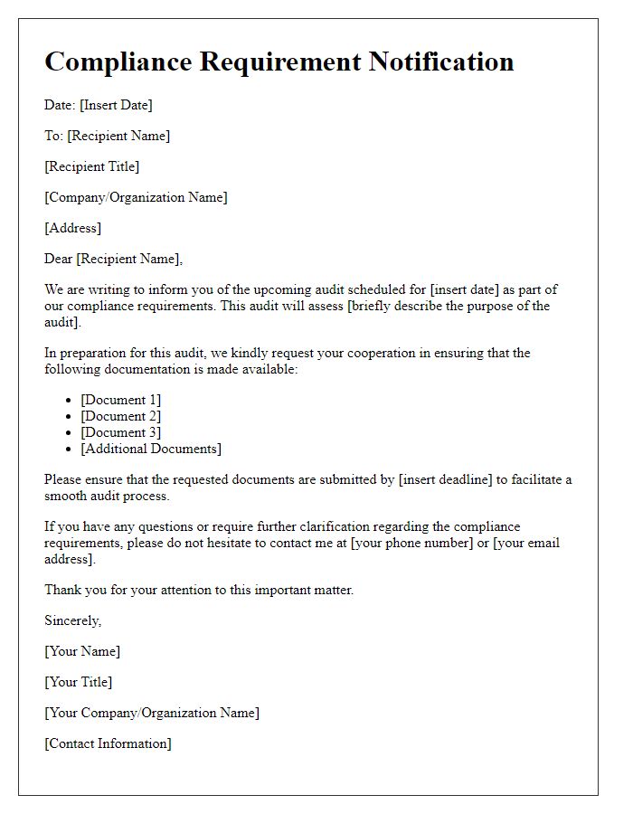 Letter template of compliance requirement notification for audits