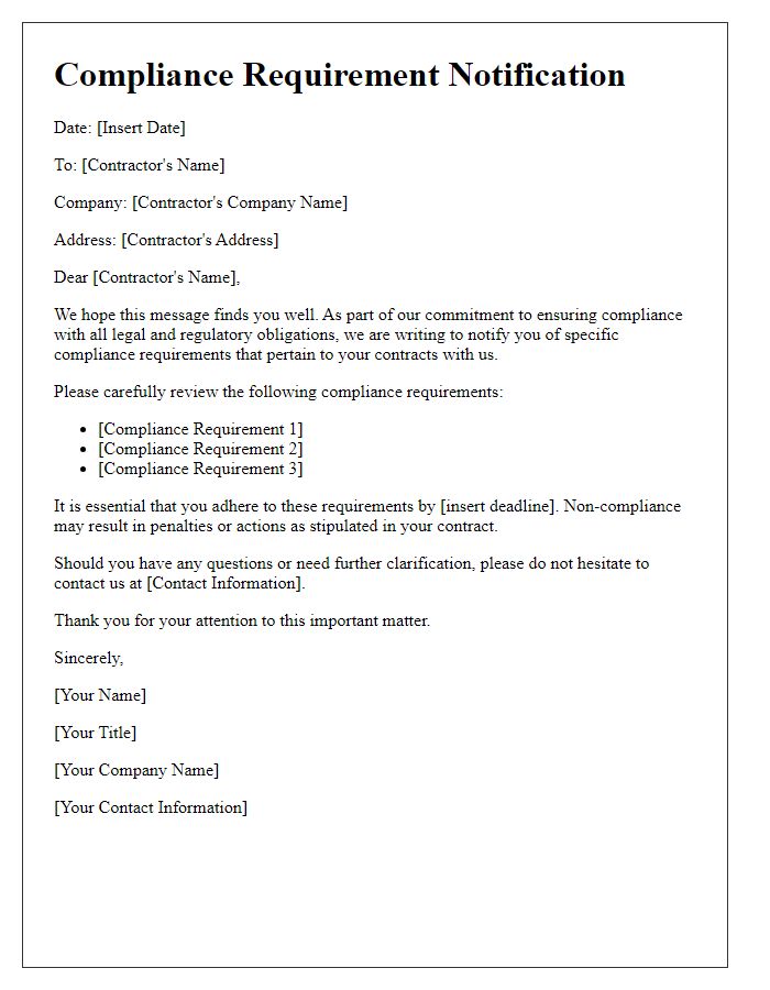 Letter template of compliance requirement notification for contractors