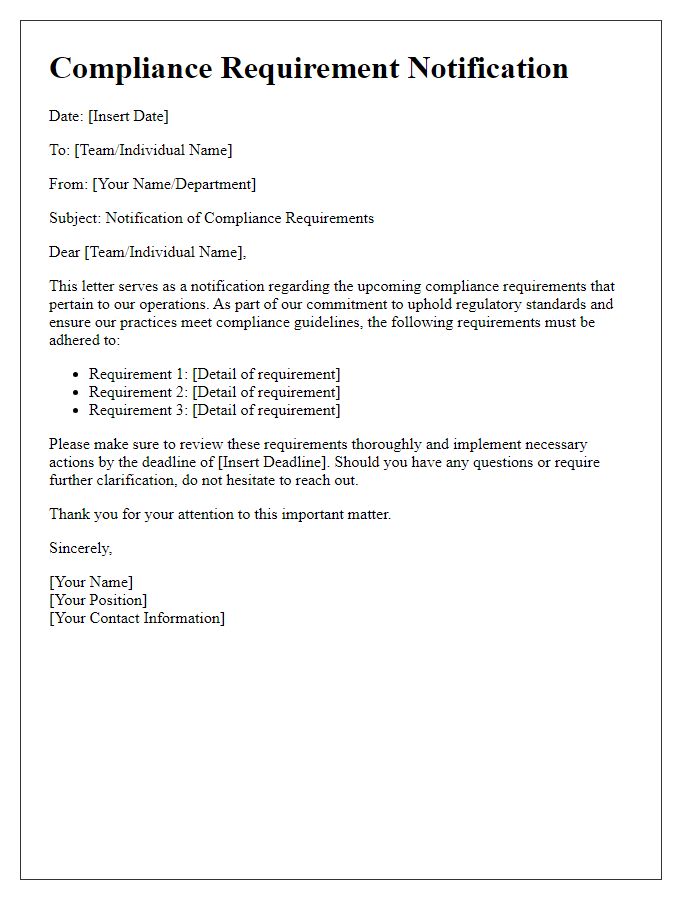 Letter template of compliance requirement notification for internal teams