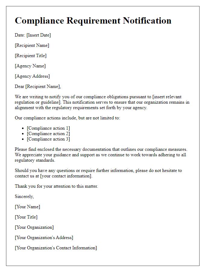 Letter template of compliance requirement notification for regulatory agencies