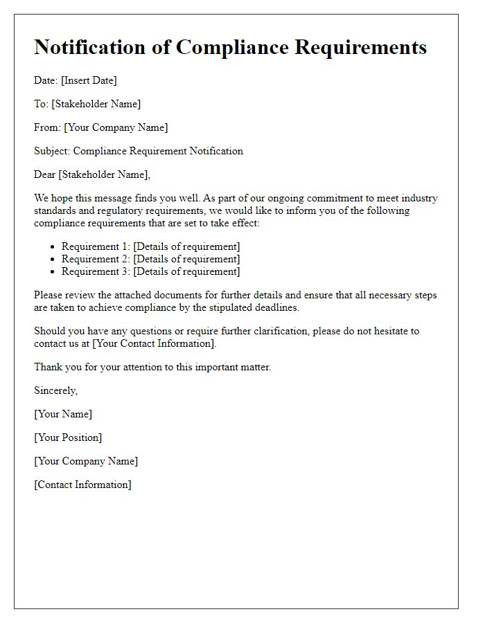 Letter template of compliance requirement notification for stakeholders