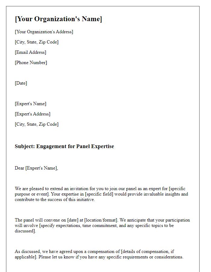 Letter template of engagement for panel expertise