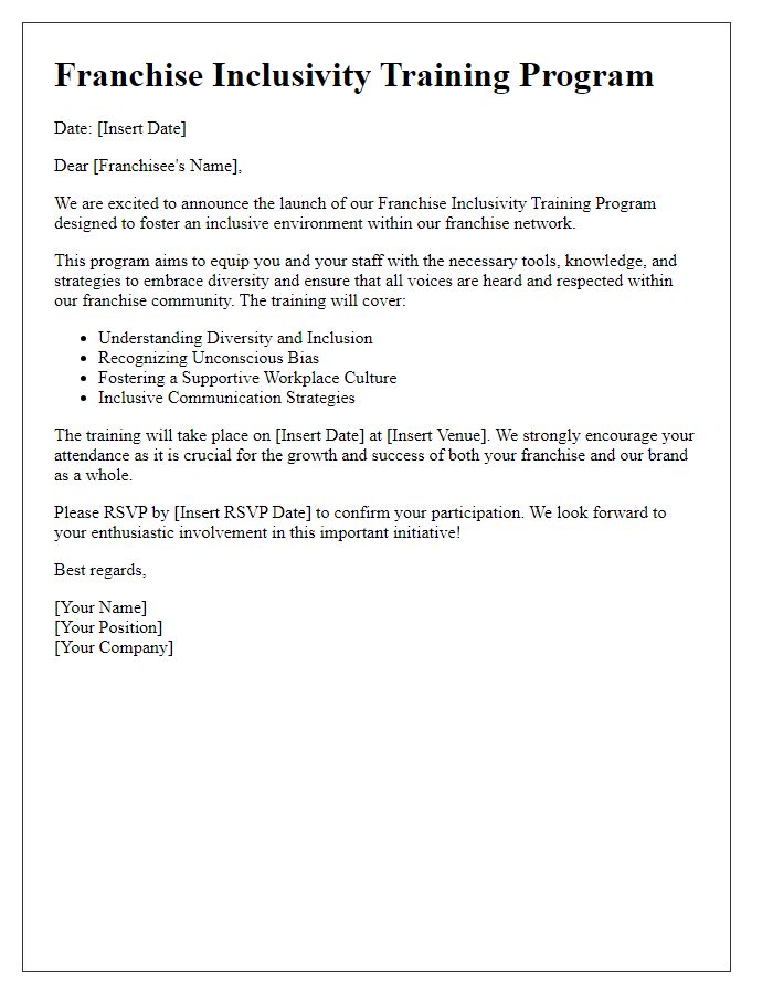 Letter template of franchise inclusivity training program