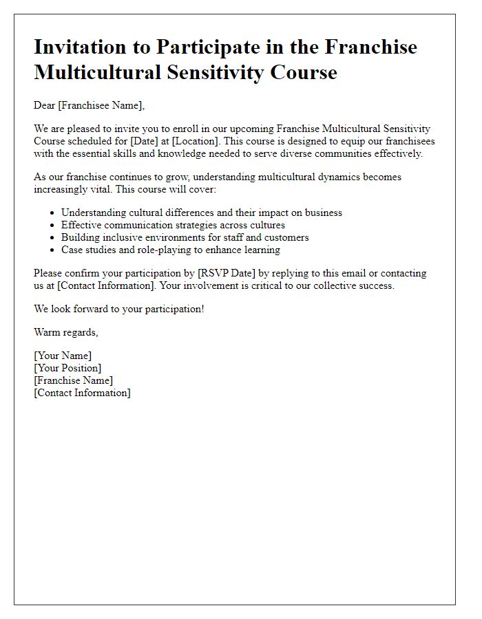 Letter template of franchise multicultural sensitivity course