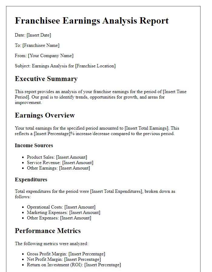 Letter template of franchisee earnings analysis