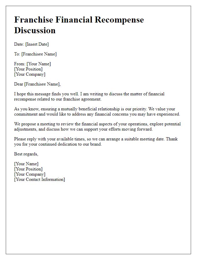 Letter template of franchisee financial recompense discussion