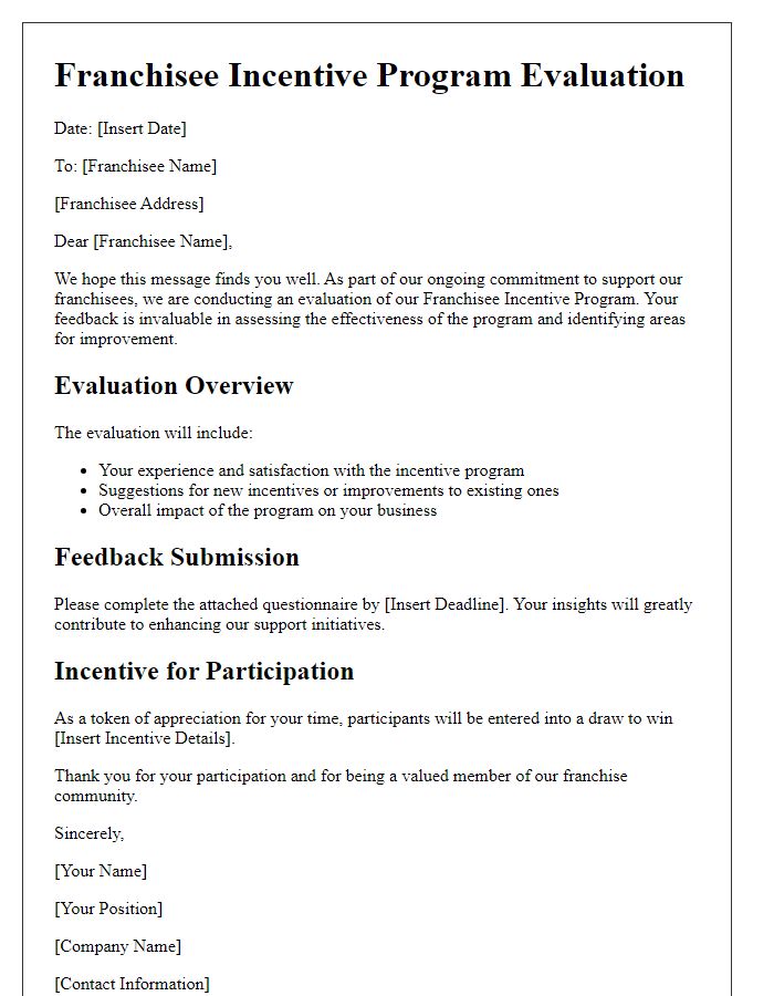 Letter template of franchisee incentive program evaluation