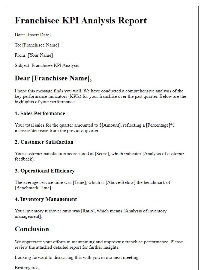 Letter template of franchisee KPI analysis.