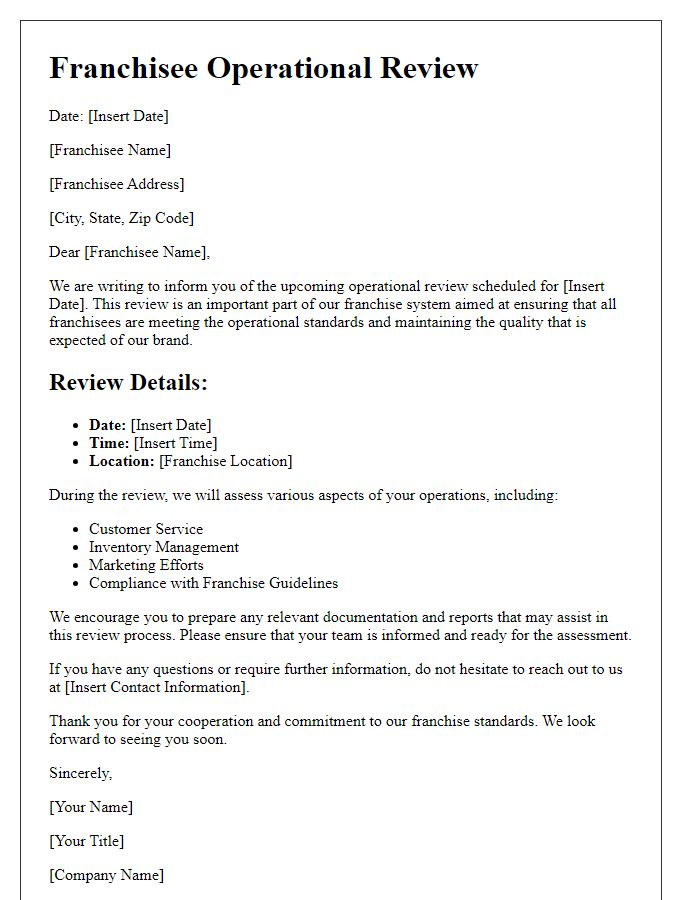 Letter template of franchisee operational review.