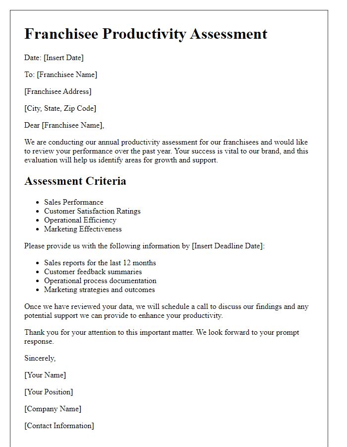 Letter template of franchisee productivity assessment.