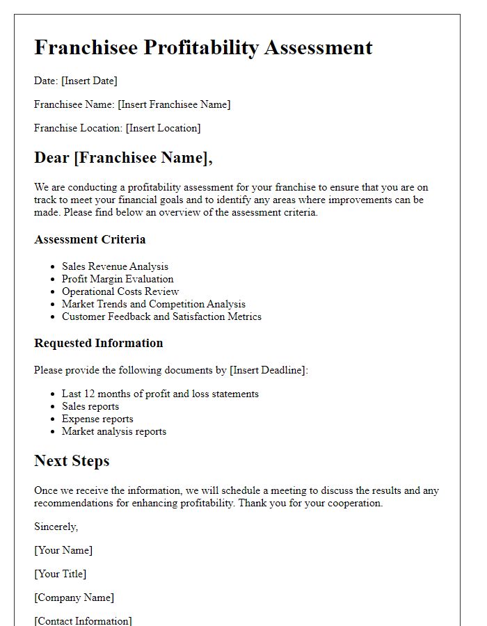 Letter template of franchisee profitability assessment.