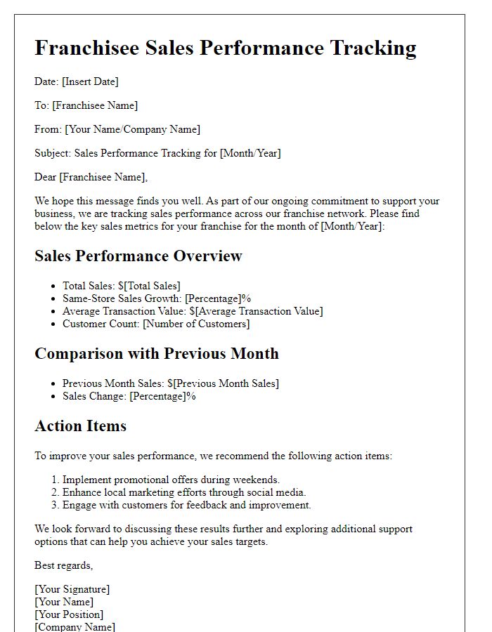 Letter template of franchisee sales performance tracking.