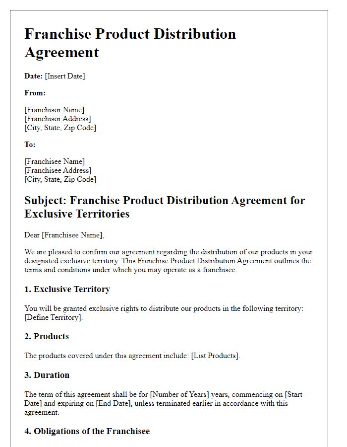 Letter template of Franchise Product Distribution Agreement for Exclusive Territories