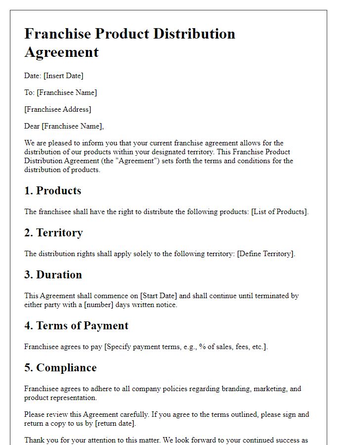 Letter template of Franchise Product Distribution Agreement for Existing Franchisees