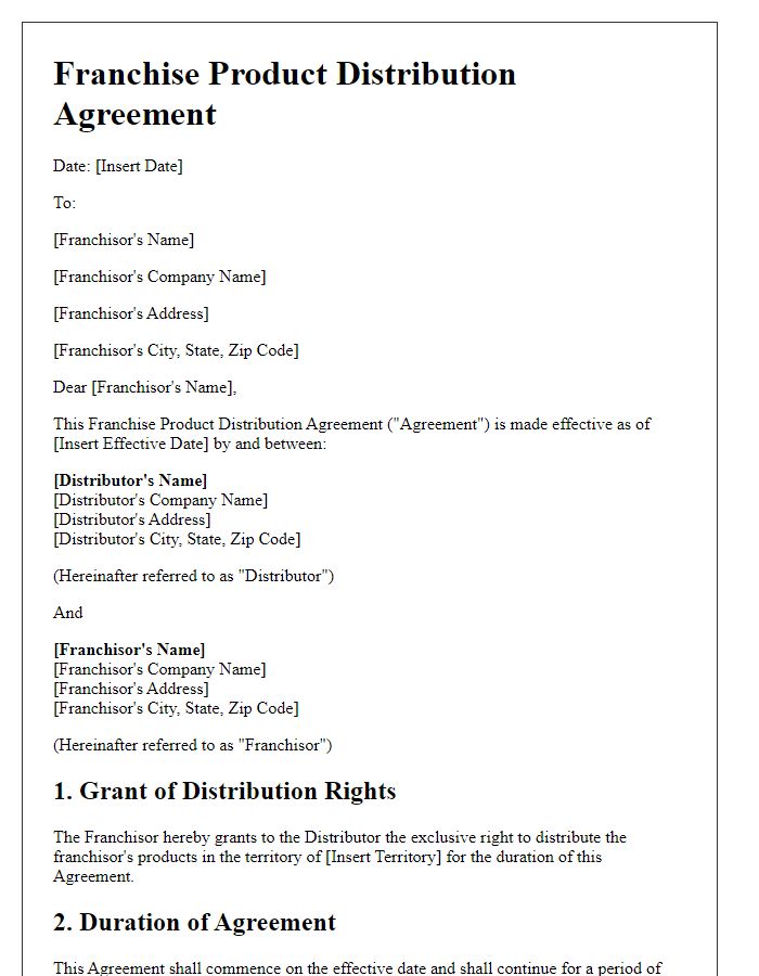 Letter template of Franchise Product Distribution Agreement for International Markets