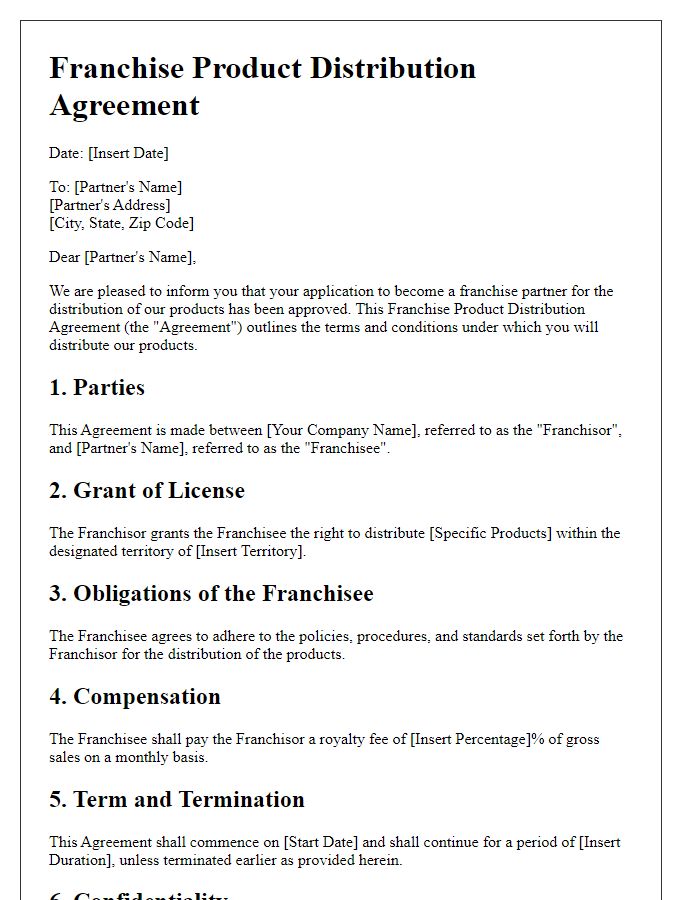 Letter template of Franchise Product Distribution Agreement for New Partners