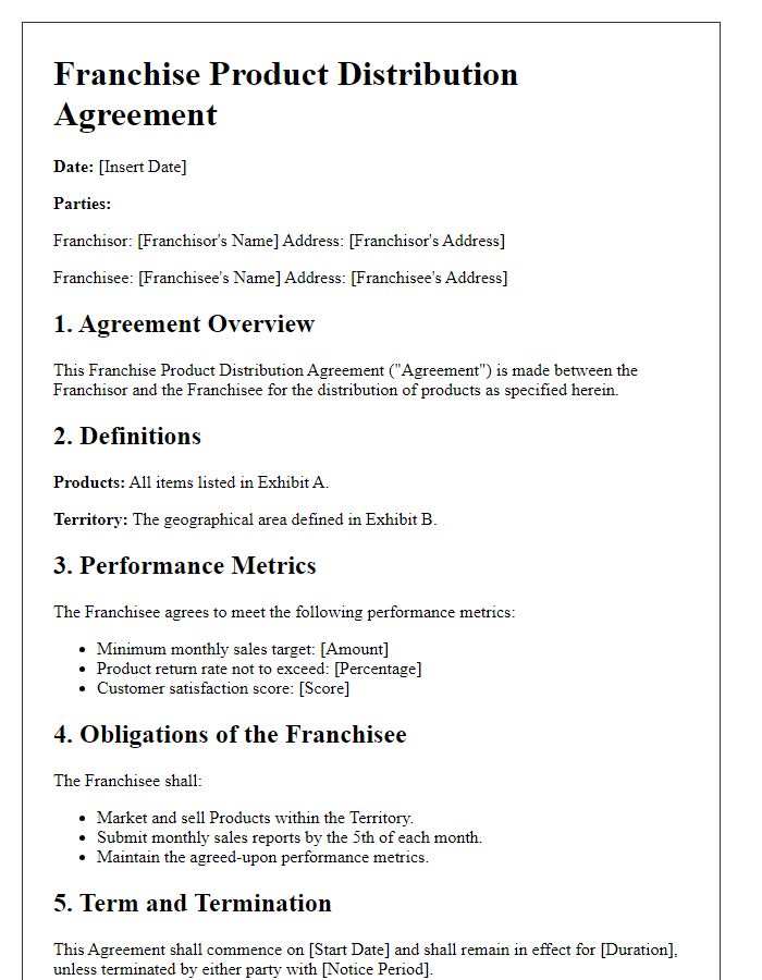 Letter template of Franchise Product Distribution Agreement with Performance Metrics